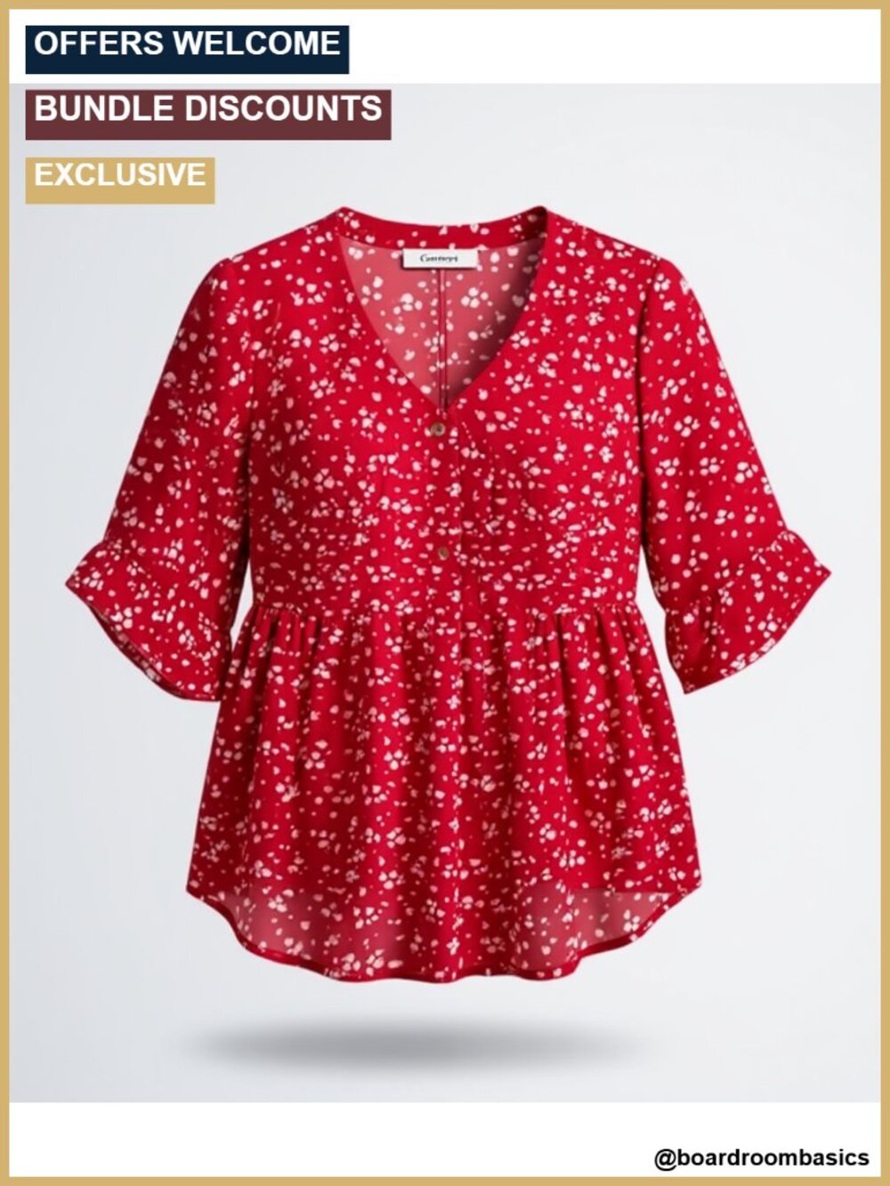 Plus Size Tunic Top with 3/4 Ruffle Sleeves V-Neck Chiffon Blouse